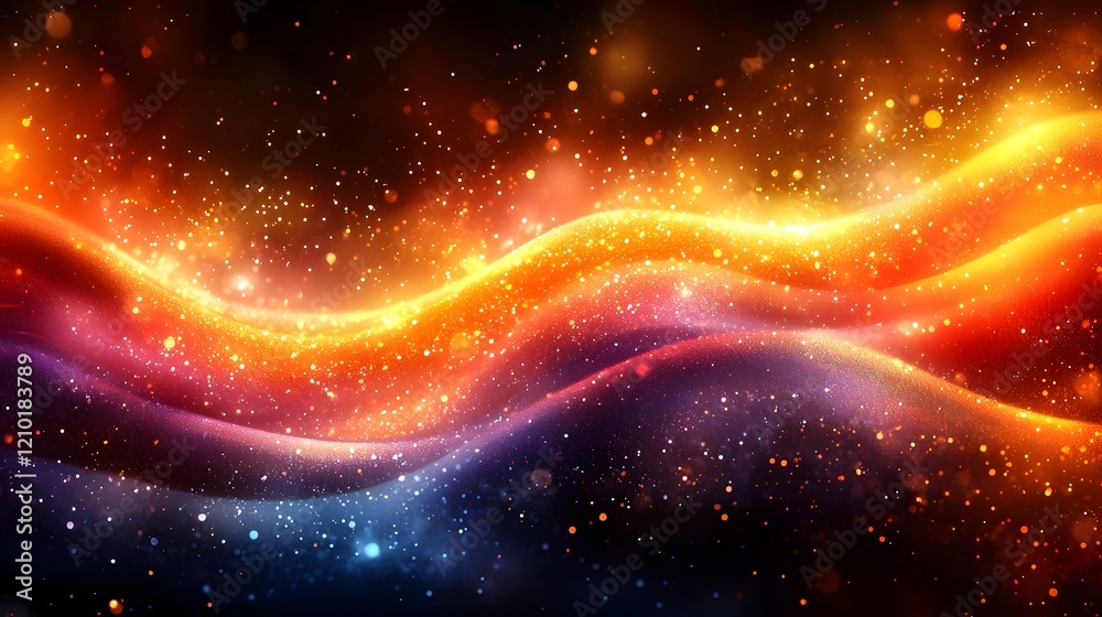 Poster Mesmerizing abstract image featuring dynamic waves of glowing vibrant colored stripes with smooth gradient transitions on a dark orange and black background