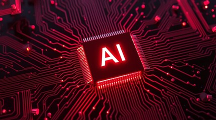 Abstract glowing printed circuit board with AI text written on it. Glowing AI text. AI revolution, the game changer in technology!