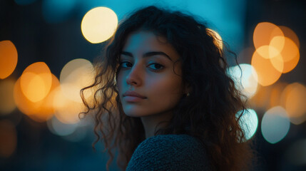 Young woman with curly hair poses in city at twilight with soft bokeh in background