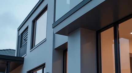 Fototapeta premium Modern Architectural Design: Sleek Grey House Exterior with Large Windows