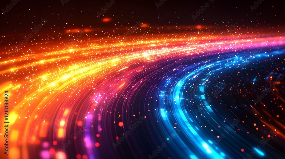 Poster Vibrant glowing stripes flowing in mesmerizing dynamic motion across a dark abstract gradient background with a captivating blend of orange black and blurred colors
