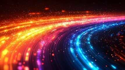 Vibrant glowing stripes flowing in mesmerizing dynamic motion across a dark abstract gradient background with a captivating blend of orange black and blurred colors