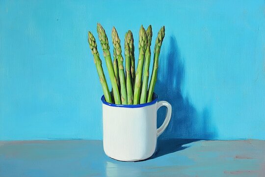 Asparagus arranged in white cup against blue background, showcasing fresh vegetables, healthy eating, and vibrant kitchen decor for culinary inspiration. - Powered by Adobe