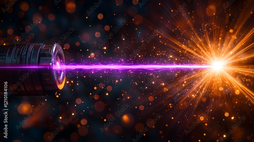 Poster a futuristic scene featuring a powerful purple laser beam piercing through a dark black backdrop sur