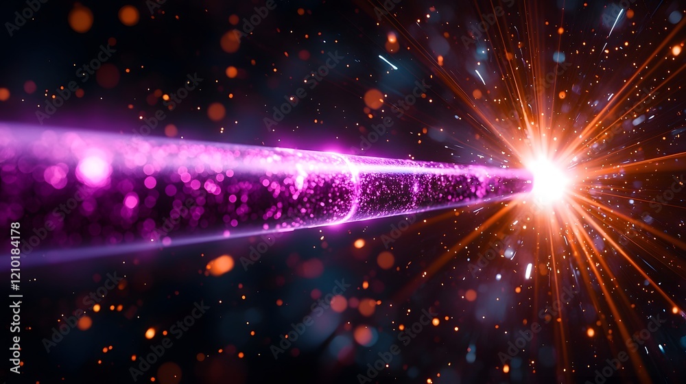 Leinwandbilder futuristic purple laser beam piercing a black backdrop surrounded by vibrant flares and radiant ligh
