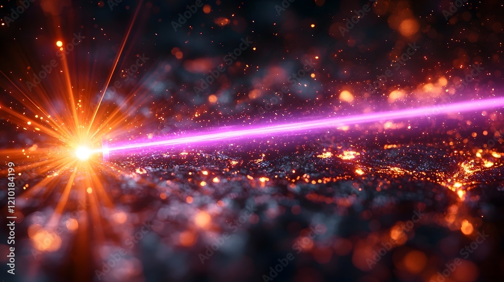 Poster futuristic purple laser beam piercing a black backdrop surrounded by vibrant flares and radiant ligh