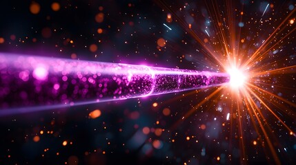 Naklejka premium Futuristic purple laser beam piercing a black backdrop surrounded by vibrant flares and radiant light rays creating a captivating cosmic and technological visual display
