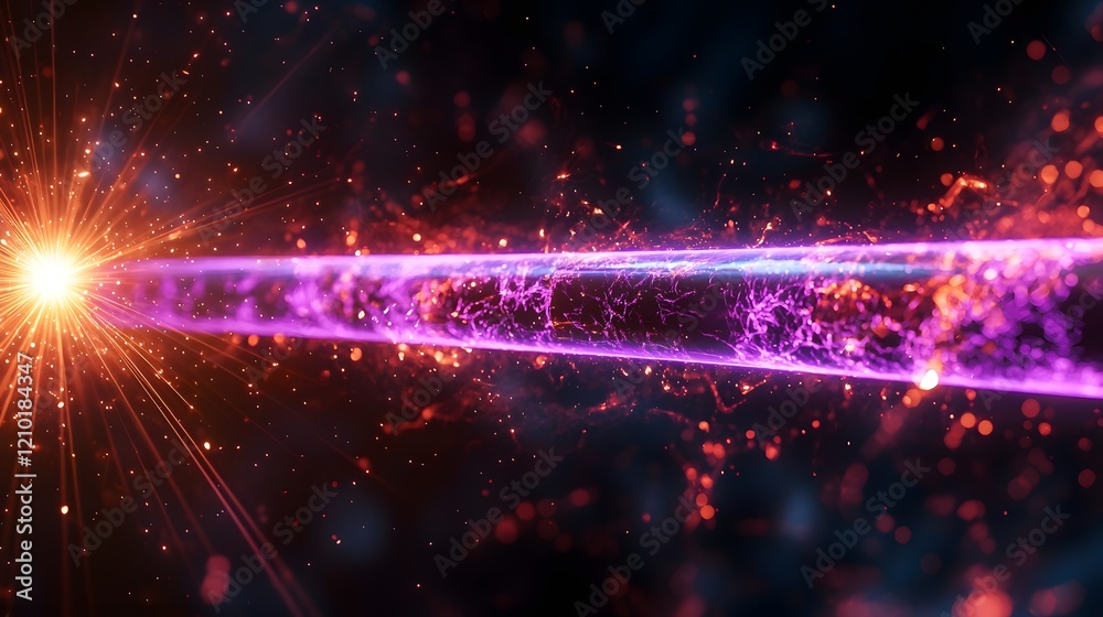 Poster a vivid purple laser beam cutting through a dark cosmic background featuring dynamic flare effects a