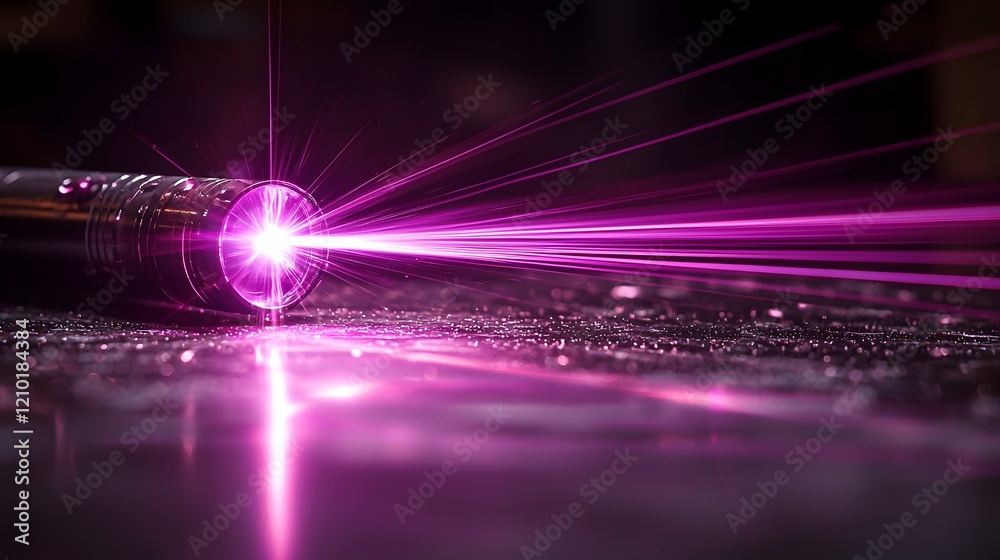 Poster Glowing Purple Laser Beam with Intricate Flare Effects and Streaks of Light Rays Spreading Outward on Dark Black Background  Futuristic Tech and Sci Fi Inspired Digital
