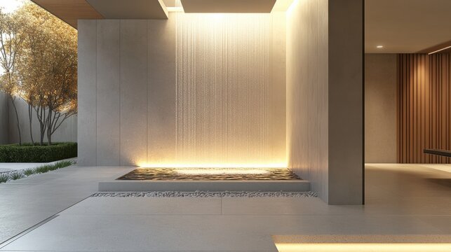 Elegant minimalist entryway featuring a cascading water design enhances tranquility and welcomes guests with serene ambiance
