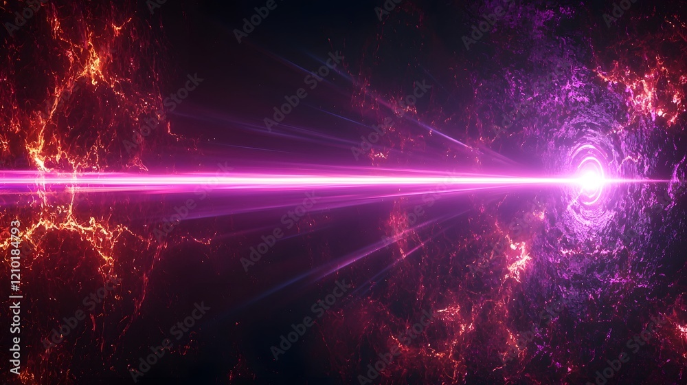 Poster Mesmerizing purple laser beam with glowing light rays and a striking flare effect set against a deep black background  The image creates a captivating futuristic and otherworldly atmosphere