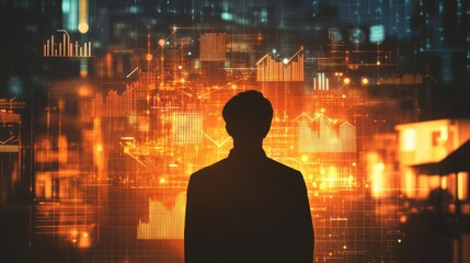 Landlord silhouette blends with vibrant city data visualizations during twilight hours