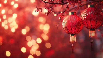 Red lanterns on tree branches with blurry lights background, creating festive atmosphere