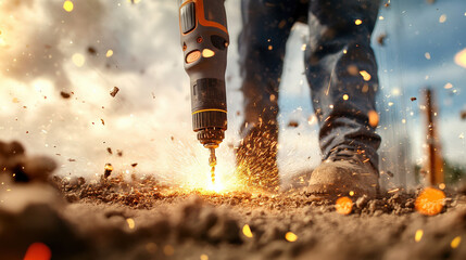 Powerful drill creating sparks on construction site, showcasing action and energy. worker boots and dirt emphasize industrial environment