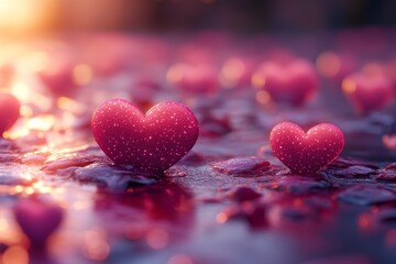 A romantic Valentine's Day background with vibrant pink hearts floating