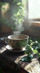 Steam rises from a beautifully decorated cup of tea resting on a rustic wooden table surrounded by fresh greenery