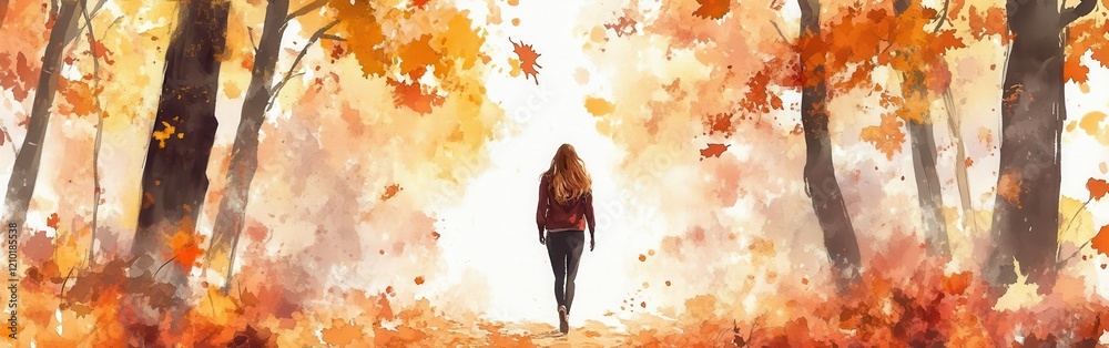 Poster Walking through a vibrant autumn forest with colorful leaves and soft sunlight filtering through the trees