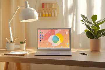 A modern minimalist workspace, a clean wooden desk with a laptop.