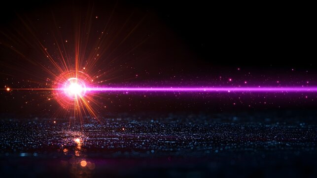 Dramatic and captivating image showcasing a striking purple laser beam shooting across a dark background accentuated by flare and soft radiating light effects that create a powerful futuristic