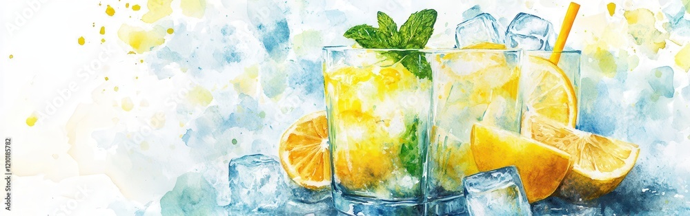Poster Refreshing lemonade with mint and ice in a watercolor style with citrus slices on a bright background