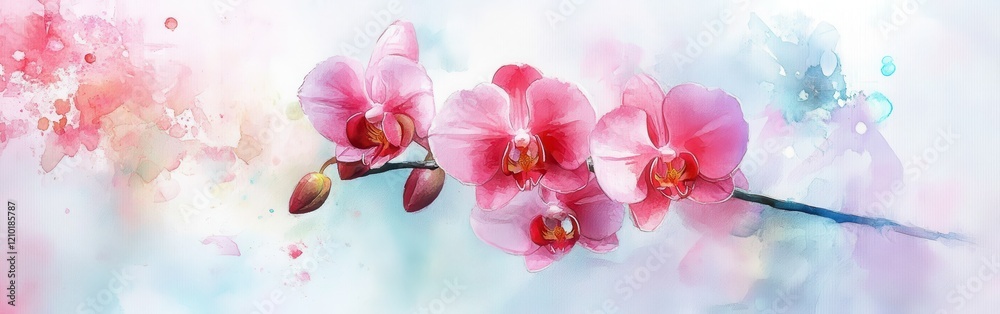 Poster close-up of pink orchids with a watercolor background displaying soft hues of pink and blue