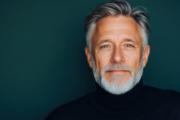 Portrait of a mature man with a confident smile against a teal background in soft natural light