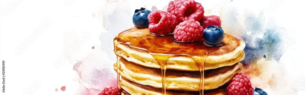 Poster Indulgent stack of pancakes topped with fresh berries and syrup against a soft watercolor backdrop