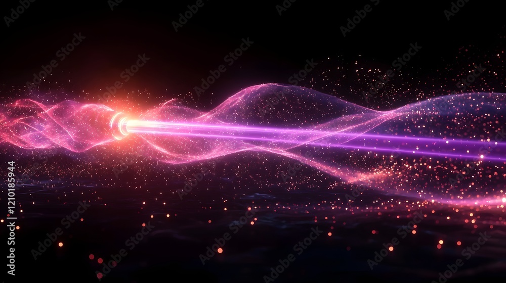 Poster Mesmerizing futuristic design featuring a vibrant purple laser beam on a sleek black background with dynamic flare effects and glowing light rays creating a captivating ethereal atmosphere
