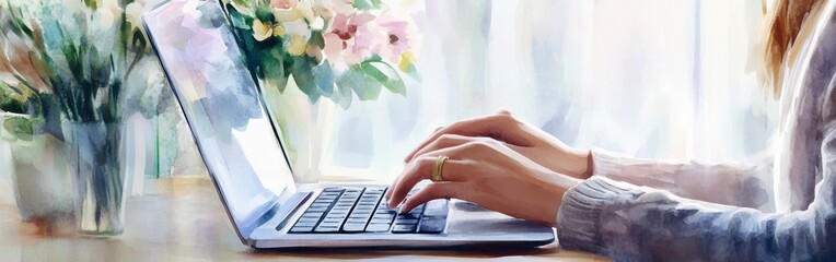 Hands typing on a laptop with a watercolor background of blooming flowers in a serene indoor setting
