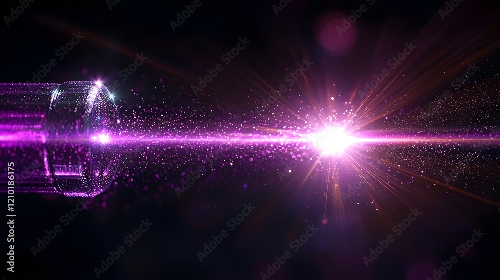 Poster Elegant purple laser beam illuminating a dark black background with vibrant flare effects and sharp light ray patterns creating a futuristic technological and cosmic atmosphere