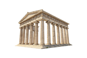 Obraz premium A classical Greek temple with robust, symmetrical columns and a pediment, its intricate detailing showcasing ancient architectural mastery. Isolated on a transparent background