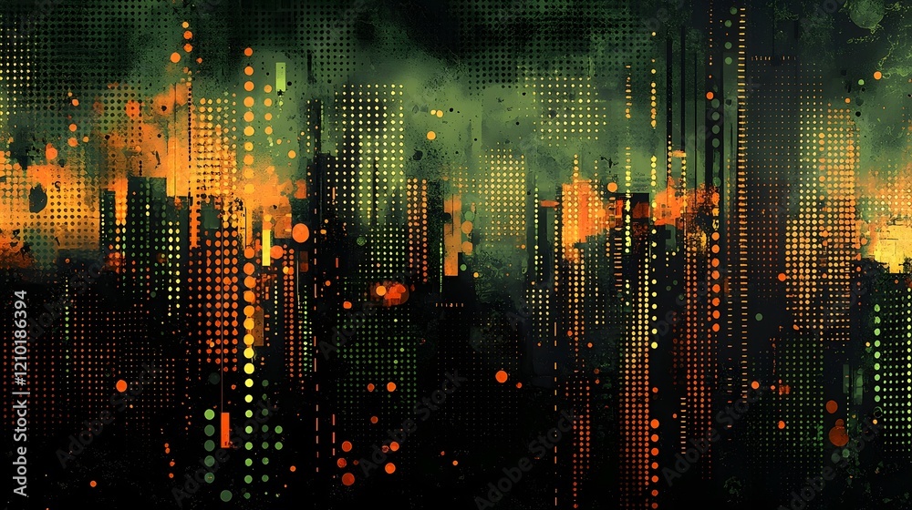 Poster Captivating futuristic cyberpunk inspired halftone pattern with grungy textured details and abstract visionary elements