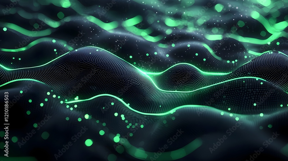 Poster Futuristic digital background featuring a halftone gradient with flowing particle waves and glitch effects creating a captivating cyberpunk inspired landscape with a striking modern