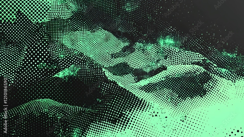 Poster Vibrant black and green halftone background featuring edgy grungy dots and cyberpunk style digital elements  This abstract futuristic design creates a dynamic