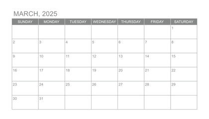 Classic monthly calendar for 2025. week starts on sunday. simple march 2025 calendar template. monthly planner design