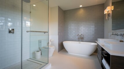 Sleek and stylish bathroom featuring a glass walk-in shower and a spacious white freestanding
