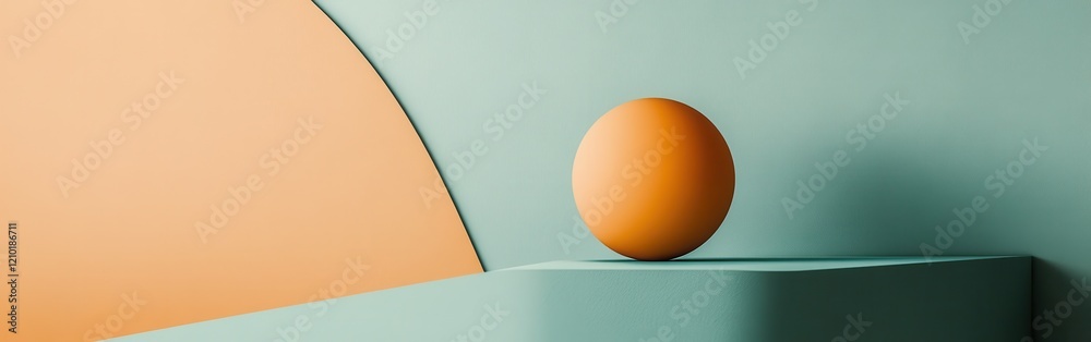 Poster Soft pastel amber and teal forms create a serene composition with a spherical object on a geometric surface