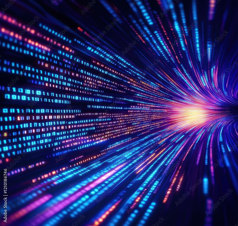 Poster a vibrant depiction of data flowing through a digital tunnel, featuring glowing binary code in blue 