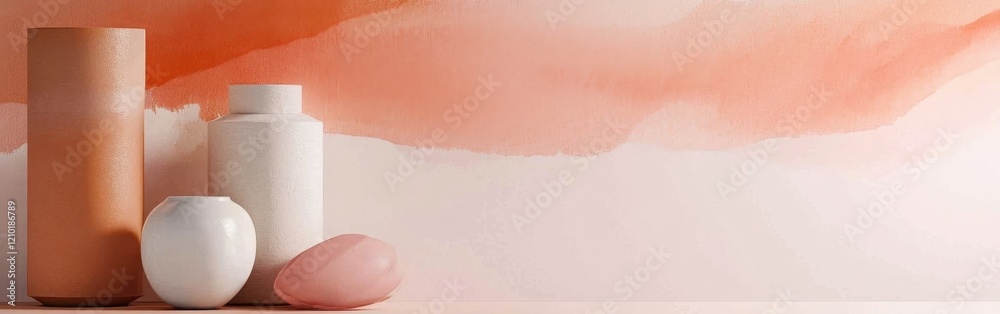 Poster soft pastel amber and coral haze create a serene atmosphere with elegant ceramic vases on display