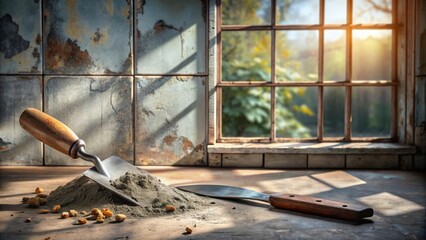 Obraz premium Sunlit Rustic Workshop Scene with Trowel and Dry Mortar Mix