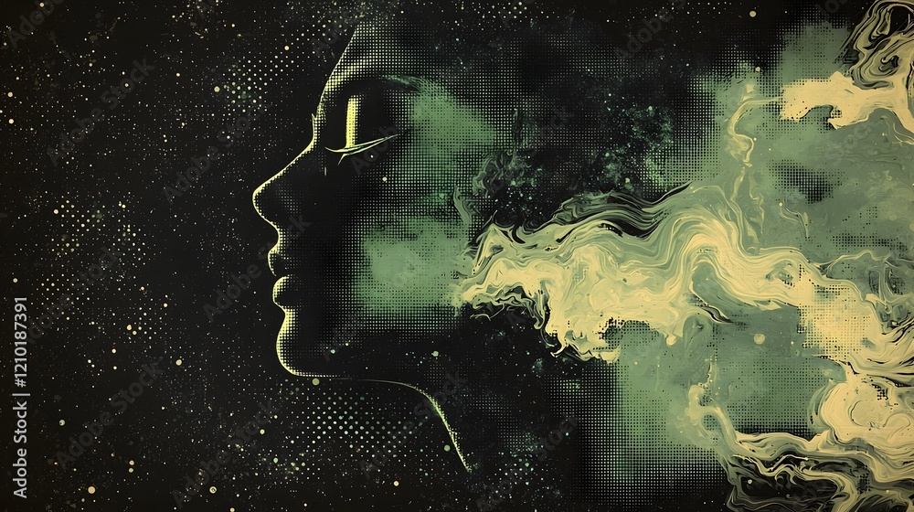 Aufkleber Cyberpunk inspired halftone design featuring abstract grunge textures glowing futuristic accents and a striking black and green color scheme creating a moody atmospheric