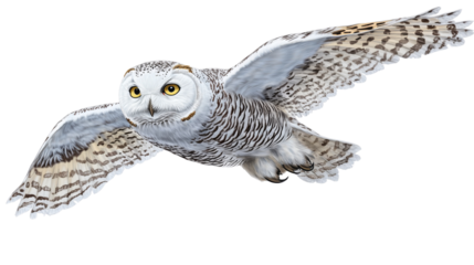 Snowy owl gliding in the air, isolated on transparent background