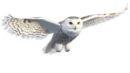 Snowy owl gliding in the air, isolated on transparent background