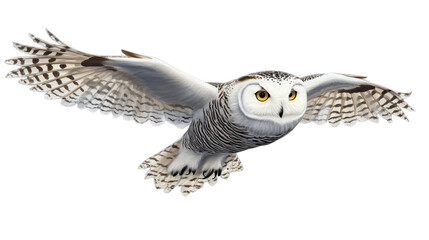 Fototapeta premium Snowy owl gliding in the air, isolated on transparent background