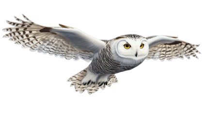 Snowy owl gliding in the air, isolated on transparent background