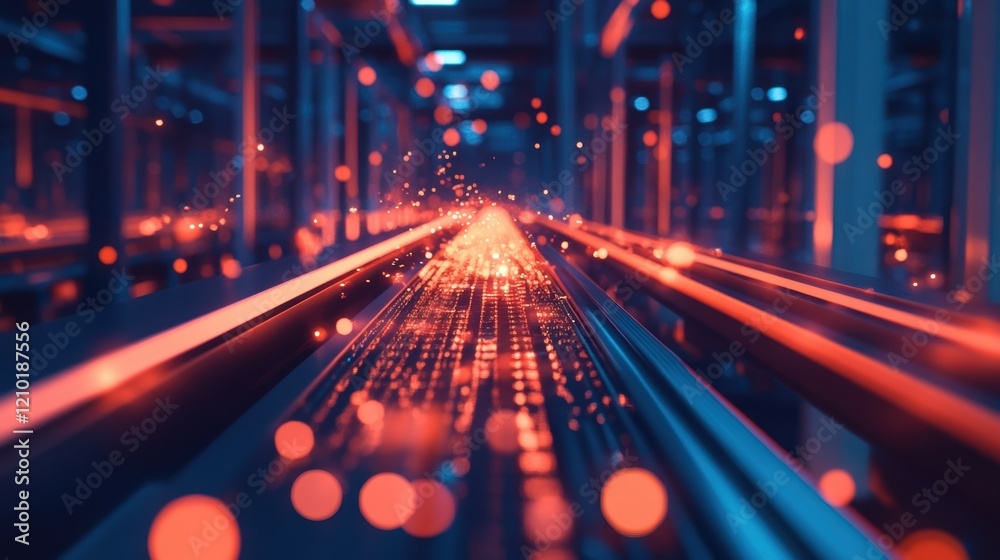 Poster blurred red and blue bokeh lights illuminating a futuristic server room corridor with data flowing, 