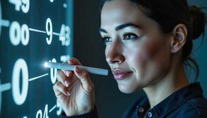 Obraz premium Focused woman analyzing holographic numbers in sleek office, innovation