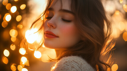 Fototapeta premium Young woman enjoys a warm sunset surrounded by soft bokeh lights in an outdoor setting