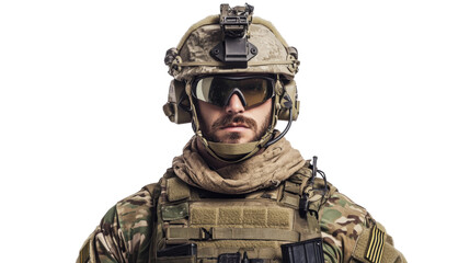 Soldier in tactical military gear, elite combat readiness and precision, showcasing elite operations attire, isolated on transparent background