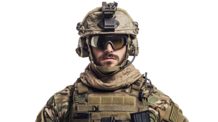 Soldier in tactical military gear, elite combat readiness and precision, showcasing elite operations attire, isolated on transparent background